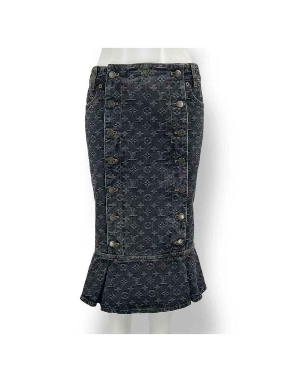 Louis Vuitton Skirt Monogram Denim Mermaid Indigo Button Black